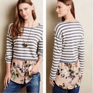 Anthropologie Ginny Pullover Striped Top Floral Mixed Blouse Sz S